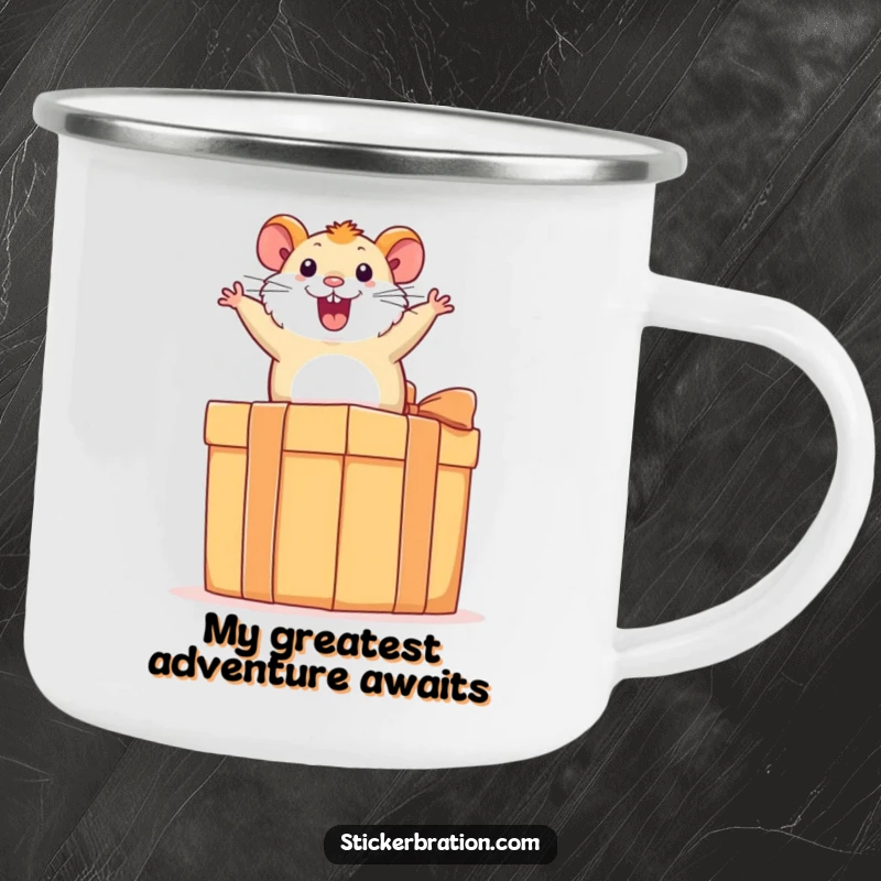 Funny hamster camping mug featuring an excited hamster bouncing on a large present, perfect for humorous outdoor drinks.