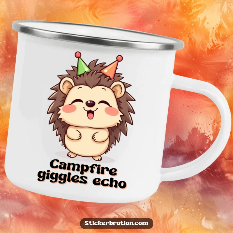 Funny Hedgehog Giggle Camping Mug showing a giggling hedgehog wearing a celebratory headband, durable for adventures and cheerful, a unique outdoor gift.