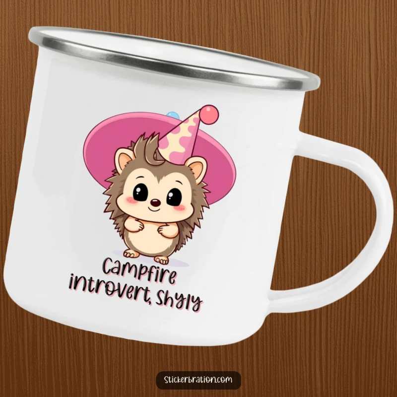Funny hedgehog camping mug with a timid character peeking from behind a giant party hat, durable and subtly humorous.