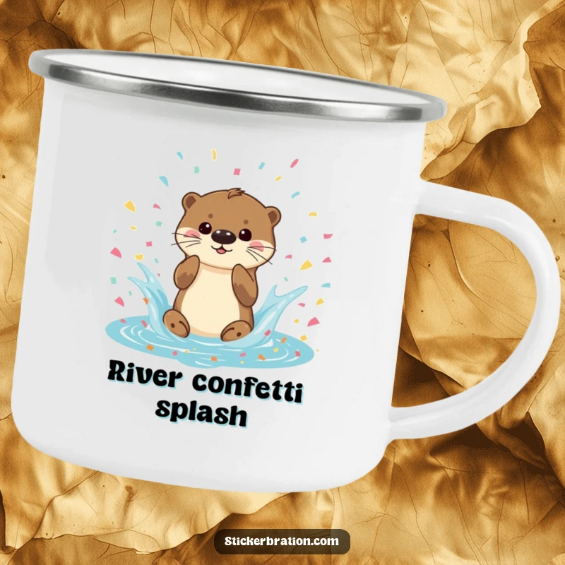 Funny Otter Splash Camping Mug showing a playful otter splashing in confetti, durable for adventures and fun, a unique outdoor gift.