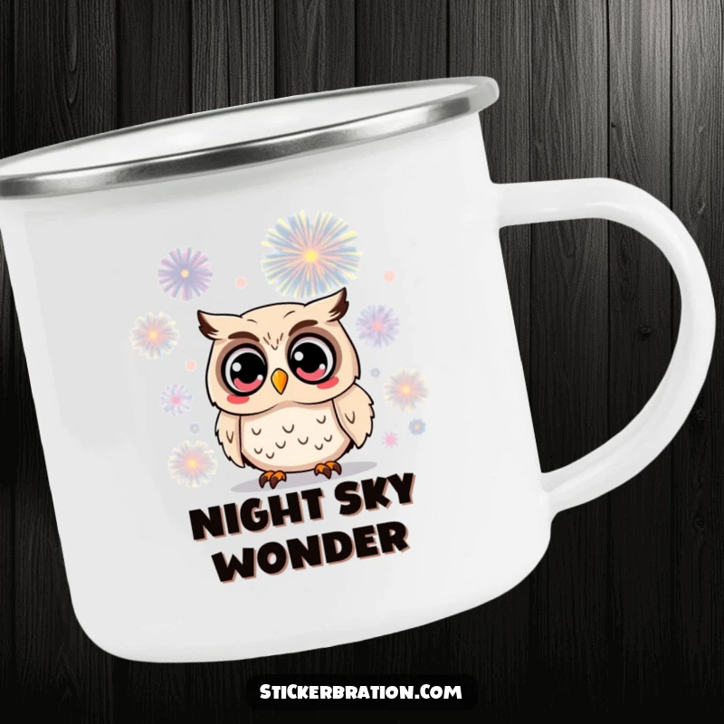Funny owl camping mug with a surprised character watching a firework, perfect for sipping warm drinks under the stars with a touch of awe.