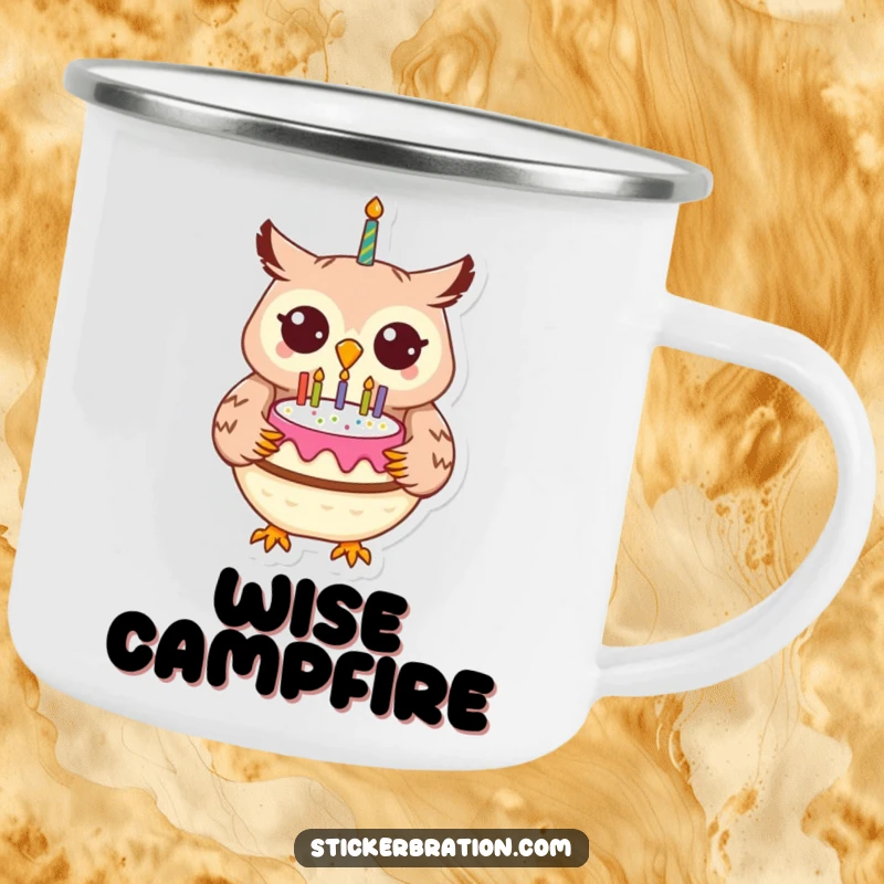 Funny cheerful owl holding a birthday cake on a camping mug, celebrating outdoors.