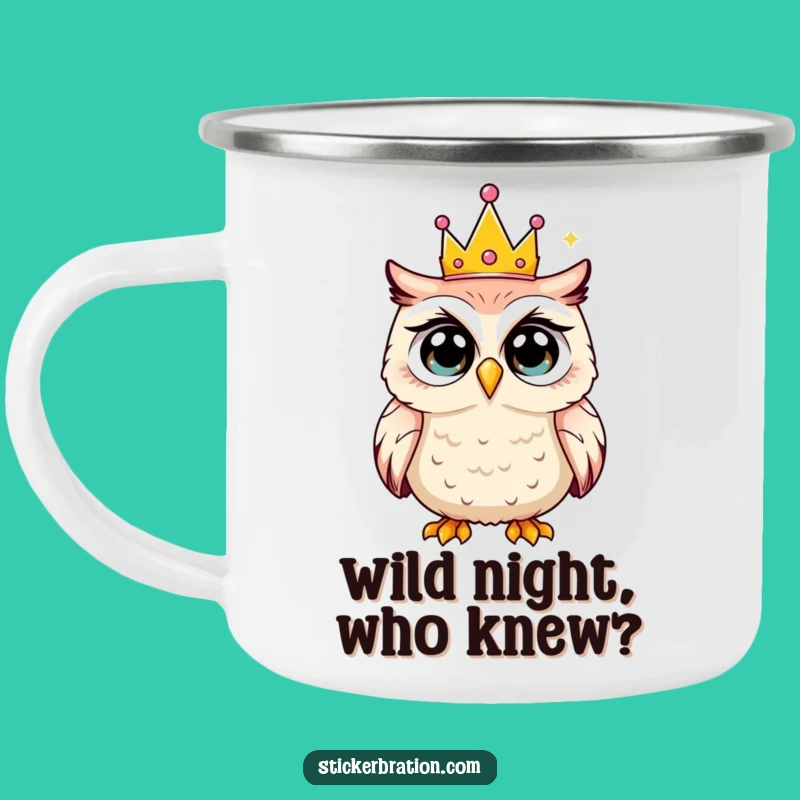 Funny Owl Camp Mug: Shocked Party Crown, Rustic & Humorous Gift