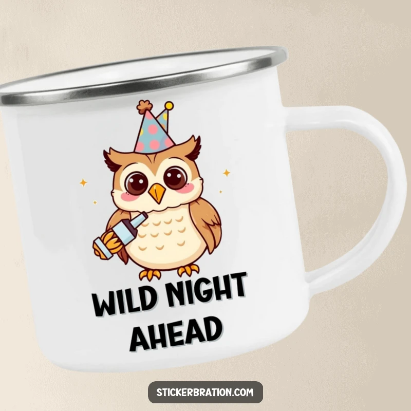 Funny owl character on a camping mug, wearing a party hat and holding a noisemaker, ready for outdoor parties.
