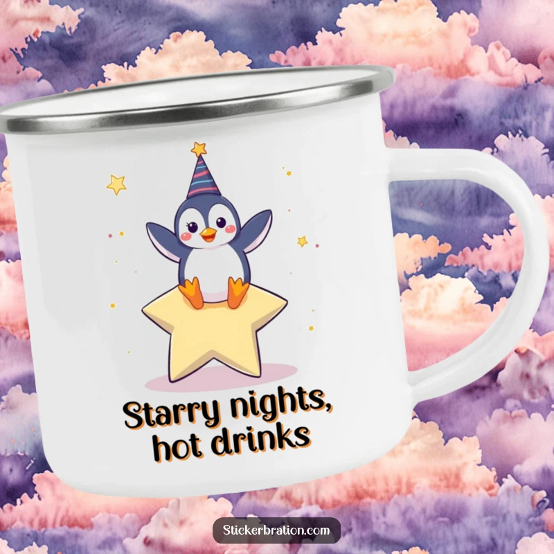 Funny camping mug featuring a happy penguin character dancing on a giant star, perfect for enjoying drinks outdoors.