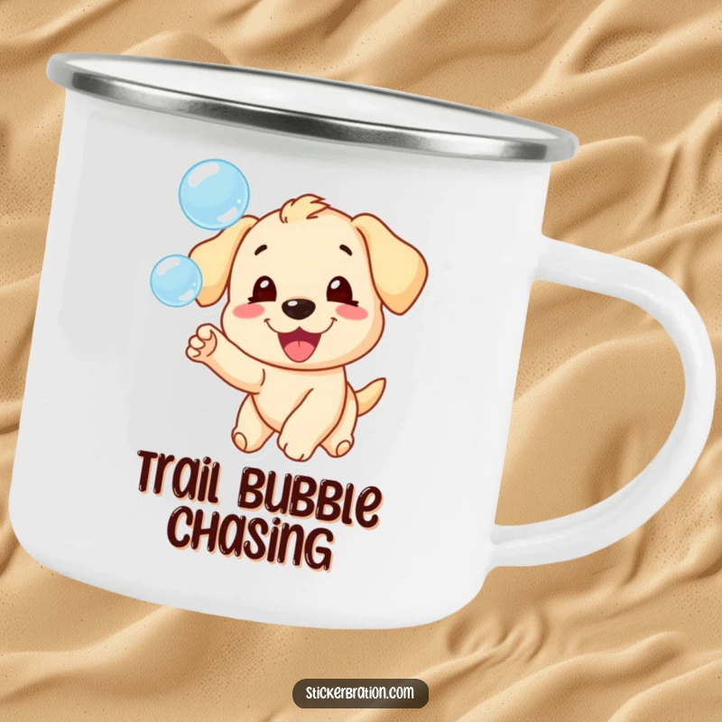 Funny camping mug illustrating a jubilant puppy character enthusiastically chasing a whimsical cluster of iridescent bubbles.