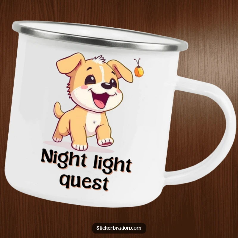 Funny Puppy Firefly Camping Mug: An excited puppy chasing a firefly, ideal for enjoying drinks outdoors.