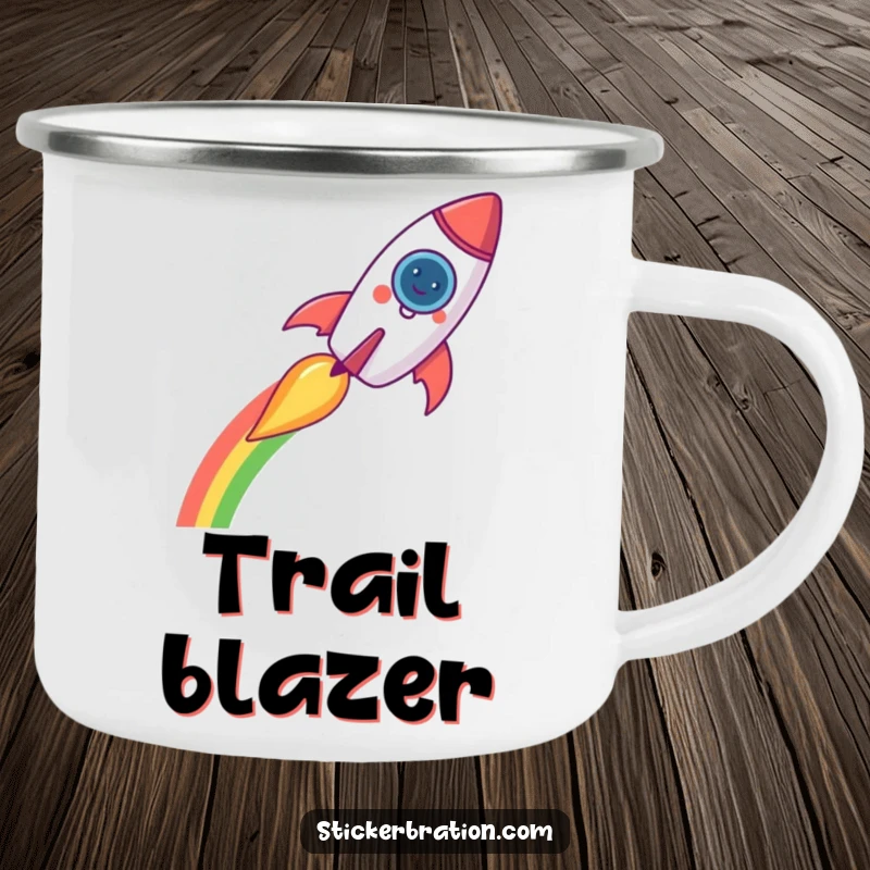 Funny rocket camping mug featuring a cheerful rocket leaving a rainbow trail, perfect for outdoor brews and cosmic journeys.