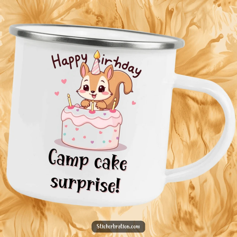 Funny camping mug featuring a mischievous squirrel character popping out of a birthday cake, perfect for enjoying drinks outdoors.