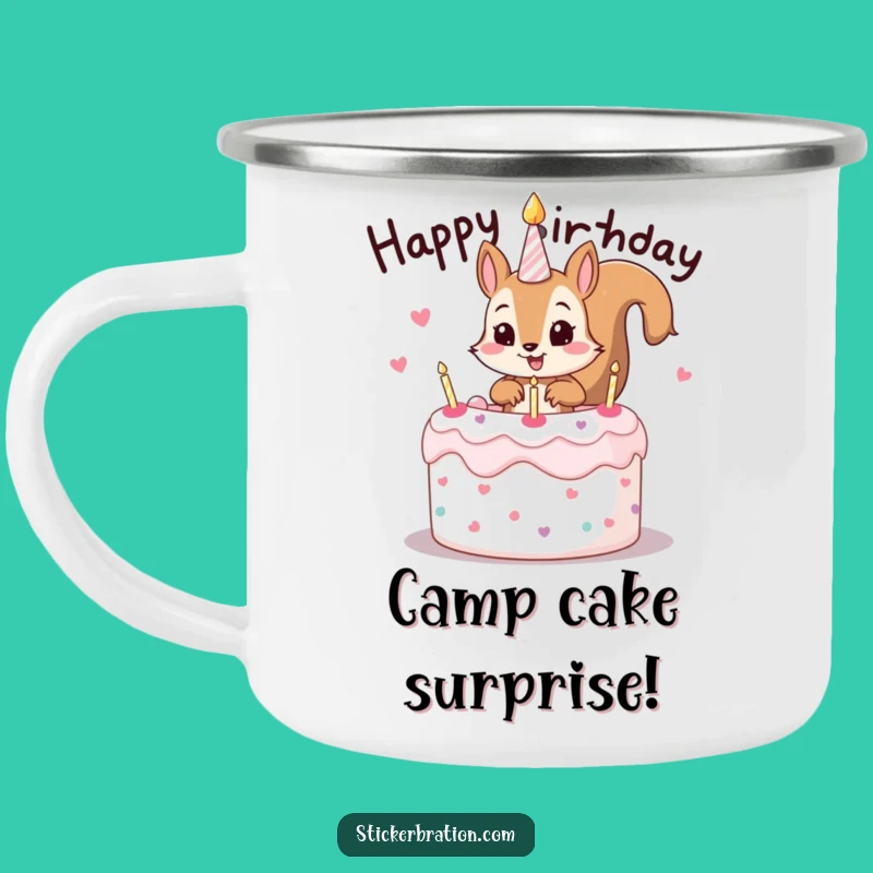 Funny Squirrel Cake Camping Mug: Durable Mischievous Birthday Mug for Outdoors