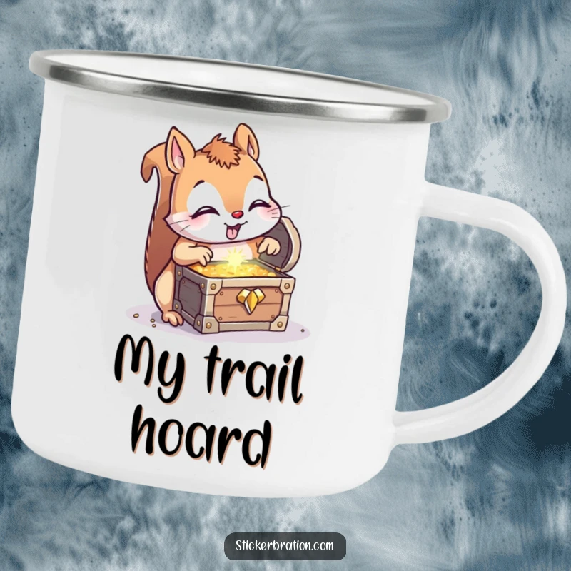 Funny Squirrel Treasure Camping Mug: A curious squirrel finds treasure, perfect for enjoying coffee or tea outdoors.