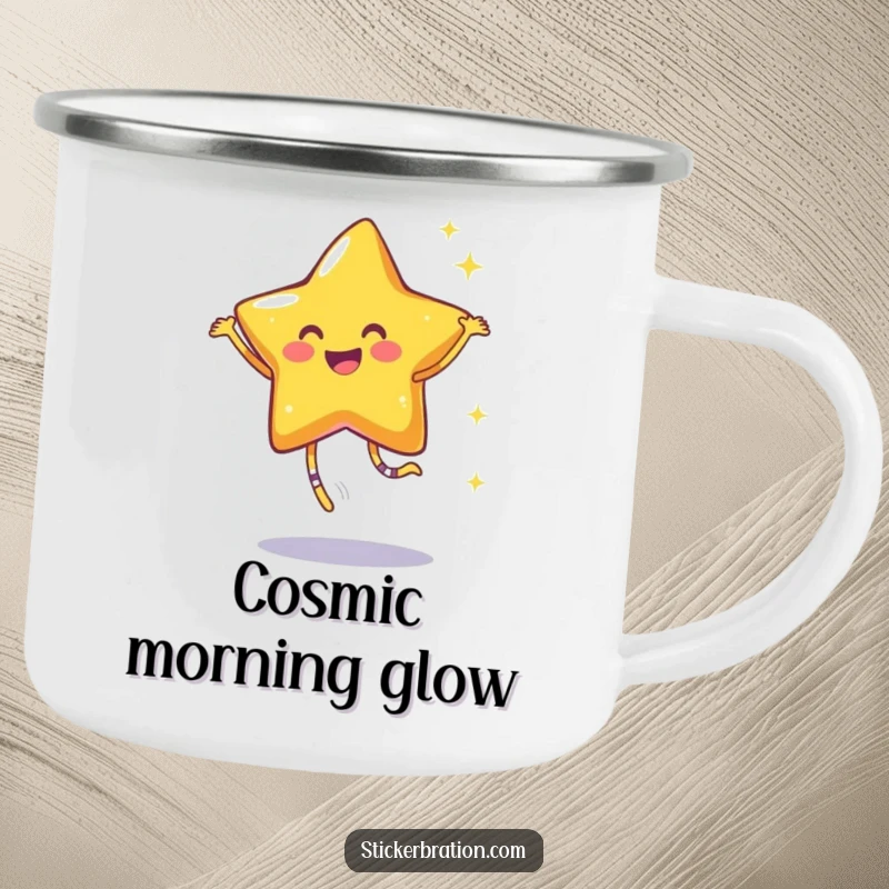Funny camping mug featuring a smiling star character joyfully dancing, leaving a trail of sparkles, ideal for festive outdoor moments.