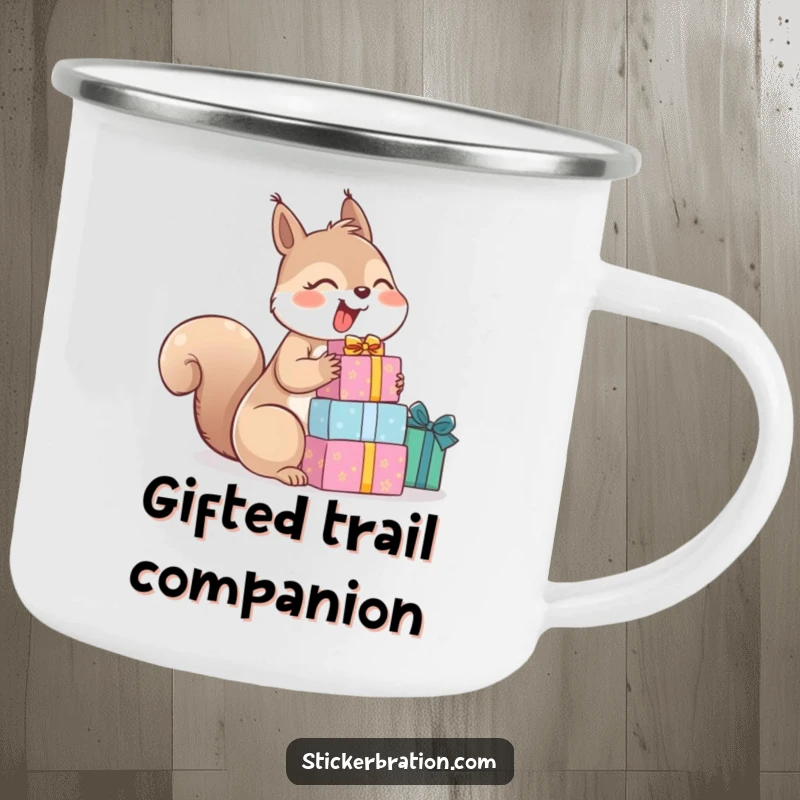 Funny camping mug with a design of a giggling squirrel holding a stack of gifts, perfect for joyful outdoor fun.