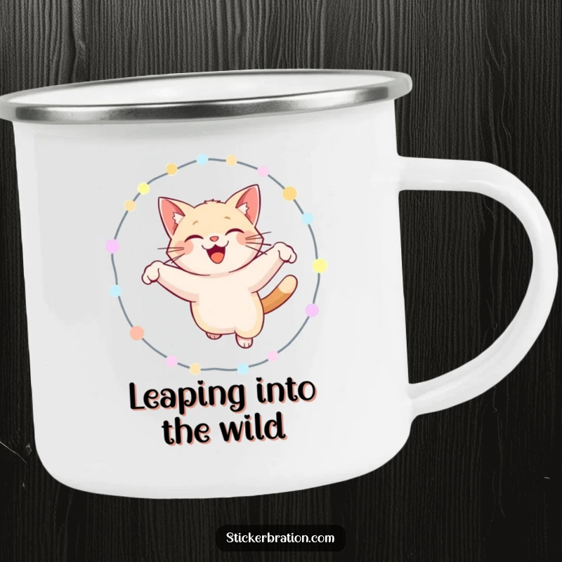 Funny cat camping mug featuring a happy cat leaping through a hoop of glowing lights, perfect for outdoor humor and drinks.