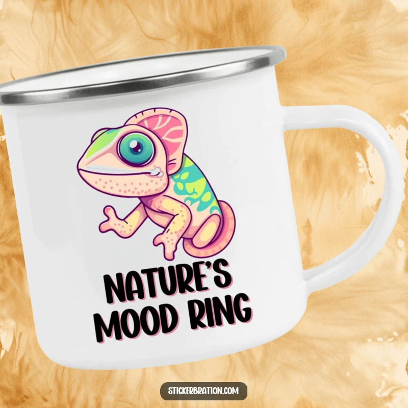 Funny chameleon camping mug featuring a cute, beaming chameleon joyfully showing off its color-changing abilities, ideal for outdoor enthusiasts.