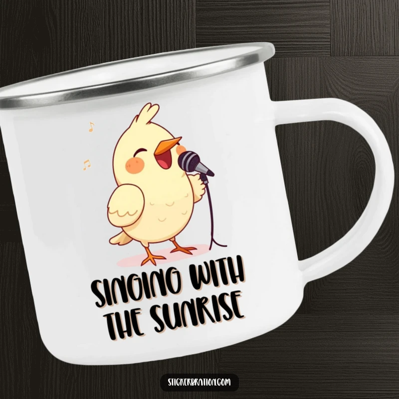 Funny bird camping mug featuring a happy bird singing into a tiny microphone, perfect for outdoor tunes and beverages.