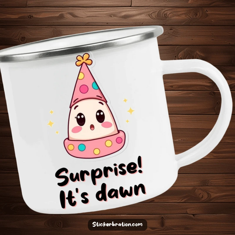 Funny camping mug with a wide-eyed, surprised party hat character popping open, bringing a humorous and surprising element to outdoor drinks.