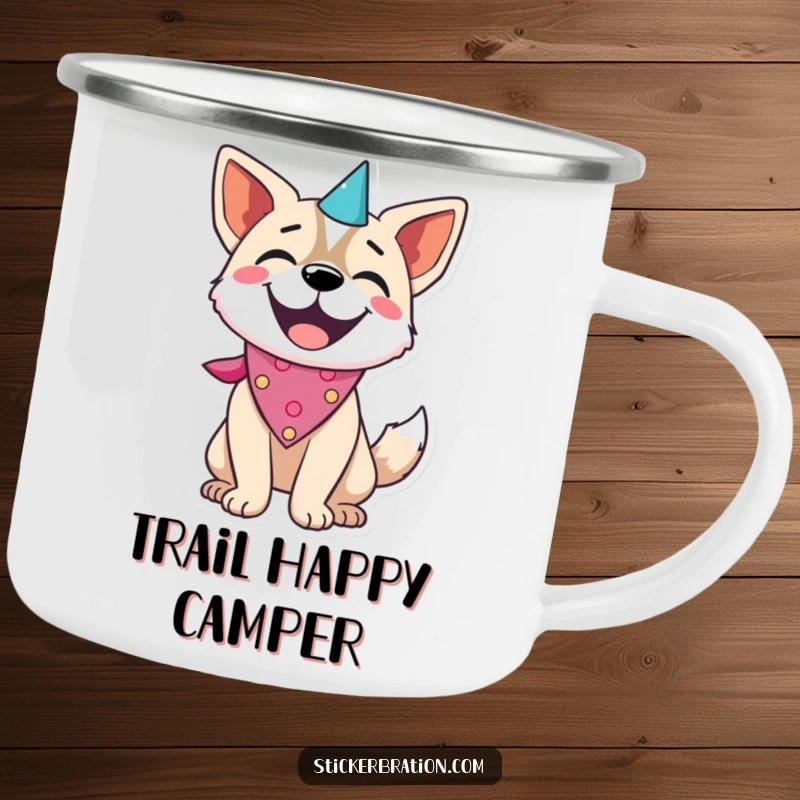 Funny dog character on a camping mug, wearing a party bandana and wagging its tail, for joyful camping.
