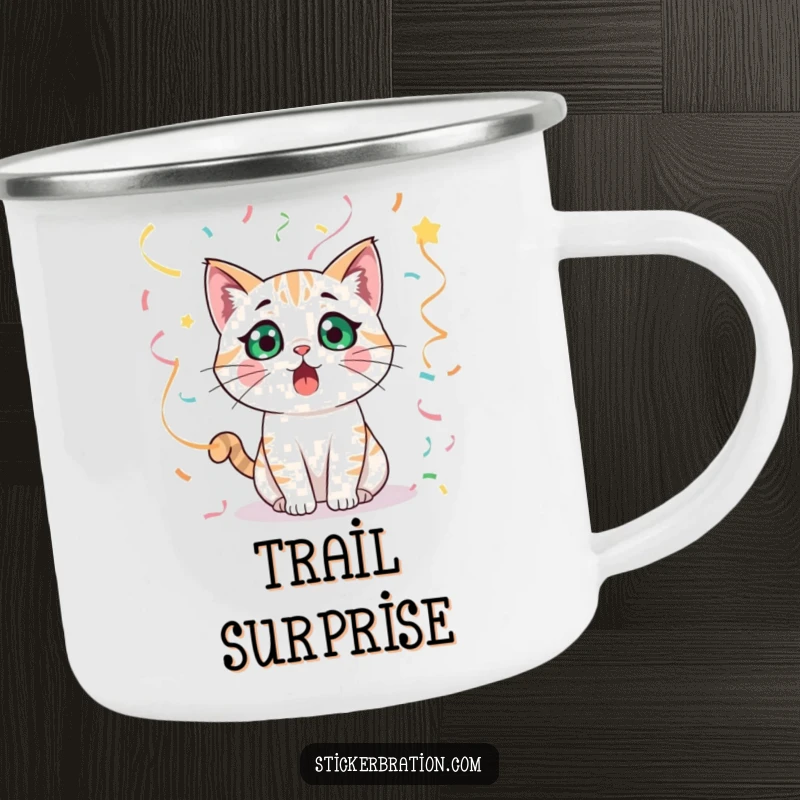 Funny cat character looking surprised, surrounded by streamers on a camping mug, enjoying the outdoors.
