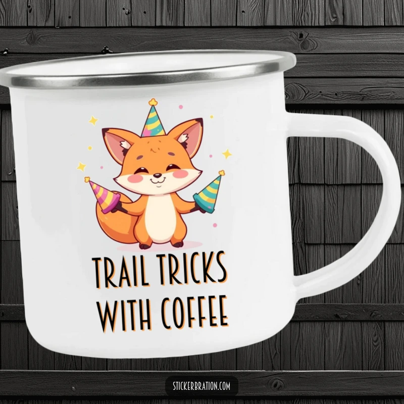 Funny camping mug featuring a grinning fox character juggling shiny party hats, perfect for enjoying drinks outdoors.