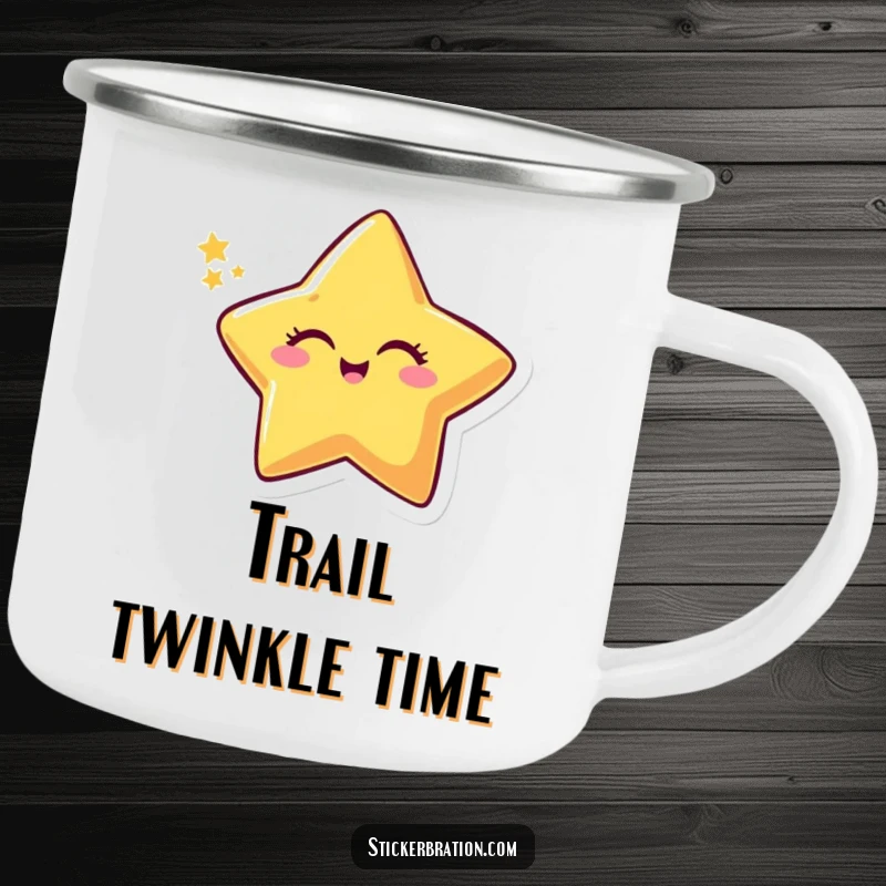 Funny camping mug with a smiling star character winking and leaving a sparkly trail, perfect for magical and humorous outdoor enjoyment.