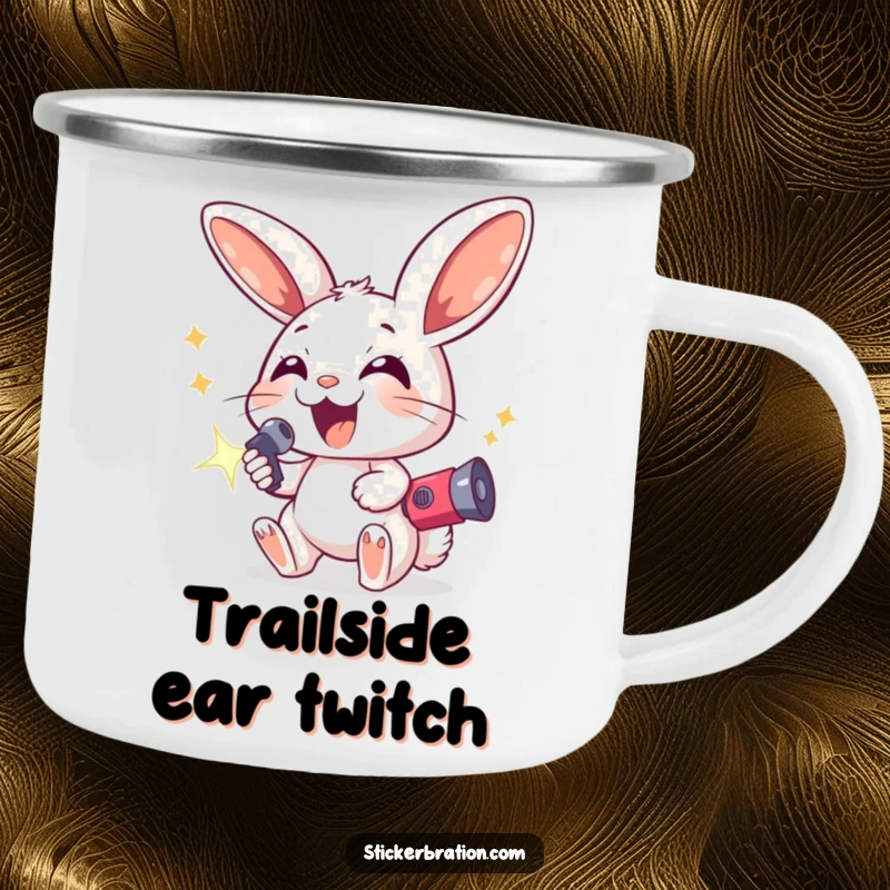 Funny camping mug showing an excited bunny with large ears holding a sparkling noisemaker, perfect for enjoying drinks outdoors with a festive vibe.