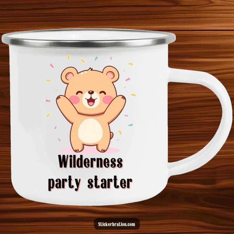 Funny cute bear character camping mug joyfully tossing confetti in the air, perfect for cheerful outdoor moments.