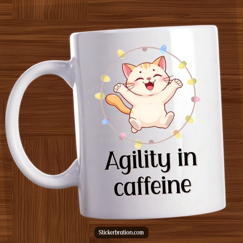 Funny mug featuring a smiling cat mid-leap through a hoop of bright, colorful lights, embodying playful energy.