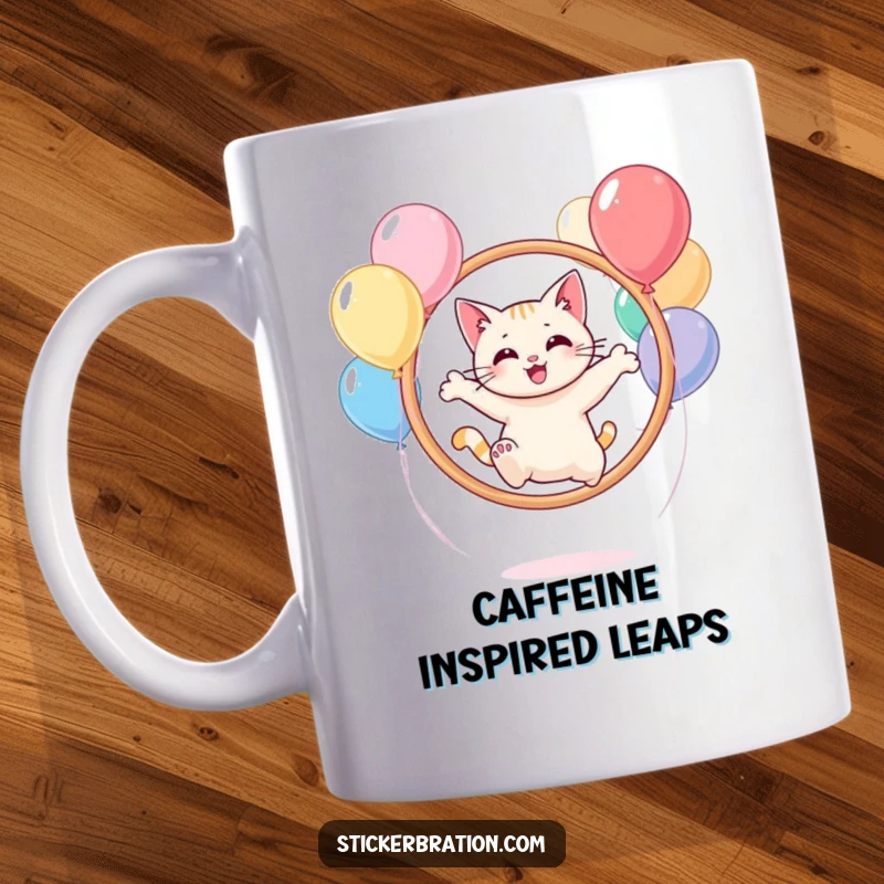 Funny cat character leaping through a hoop made of colorful balloons with pure delight.