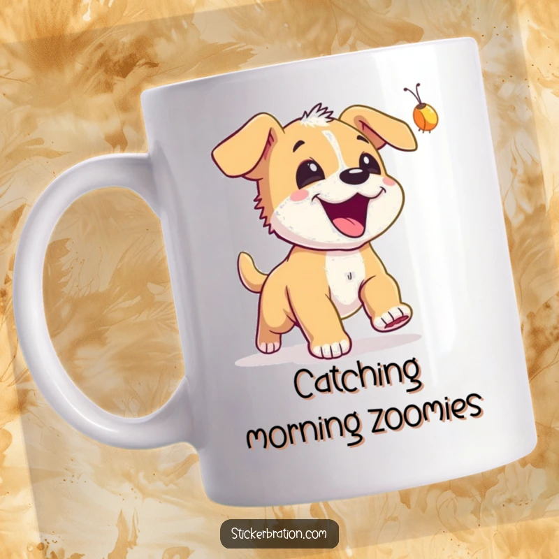 Funny Puppy Firefly Mug: An excited puppy joyfully chases a glowing firefly under the night sky, pure canine delight.