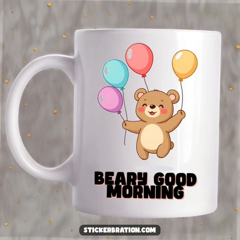 Funny mug featuring a small, happy bear skillfully juggling several colorful balloons with a cheerful expression, embodying playful humor.