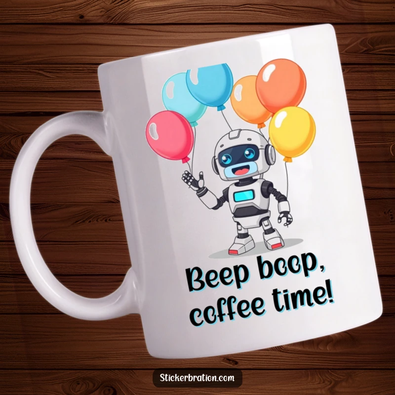 Funny mug featuring a cute, happy robot character energetically juggling a vibrant assortment of colorful balloons with a joyful beep.