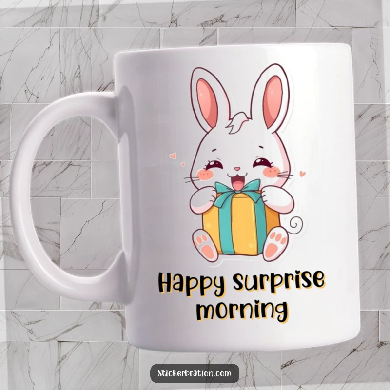 Funny mug showing a chubby bunny character with wide, excited eyes, eagerly unwrapping a brightly colored gift, full of happy anticipation.