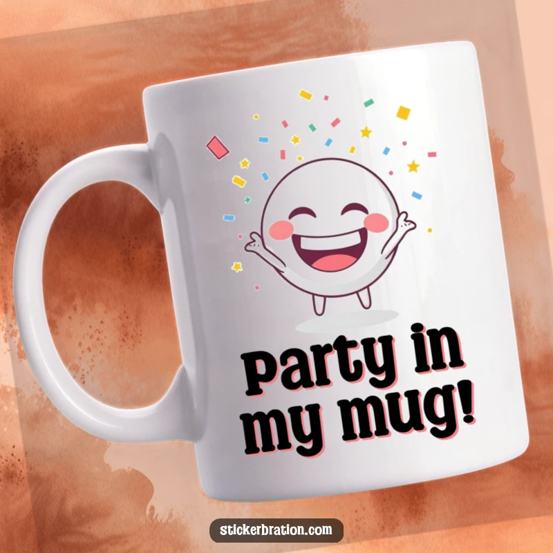Funny mug with a round character grinning widely while throwing colorful confetti, perfect for party vibes.