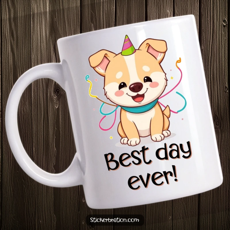Funny mug depicting a joyful dog playfully adorned with colorful party streamers, embodying pure, unadulterated celebratory excitement.