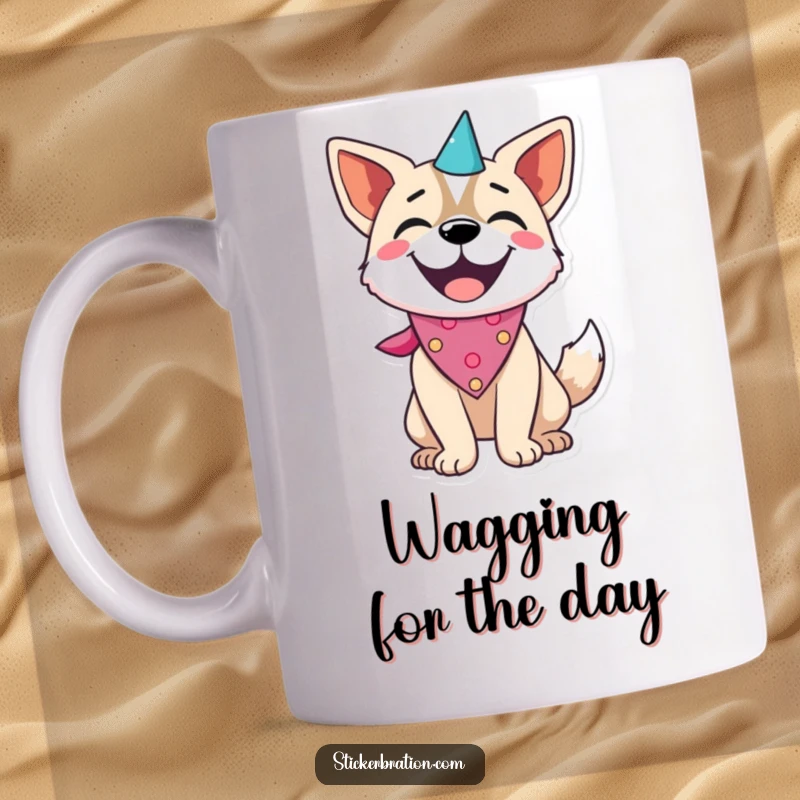 Funny dog character wearing a party bandana, wagging its tail with pure joy and excitement.