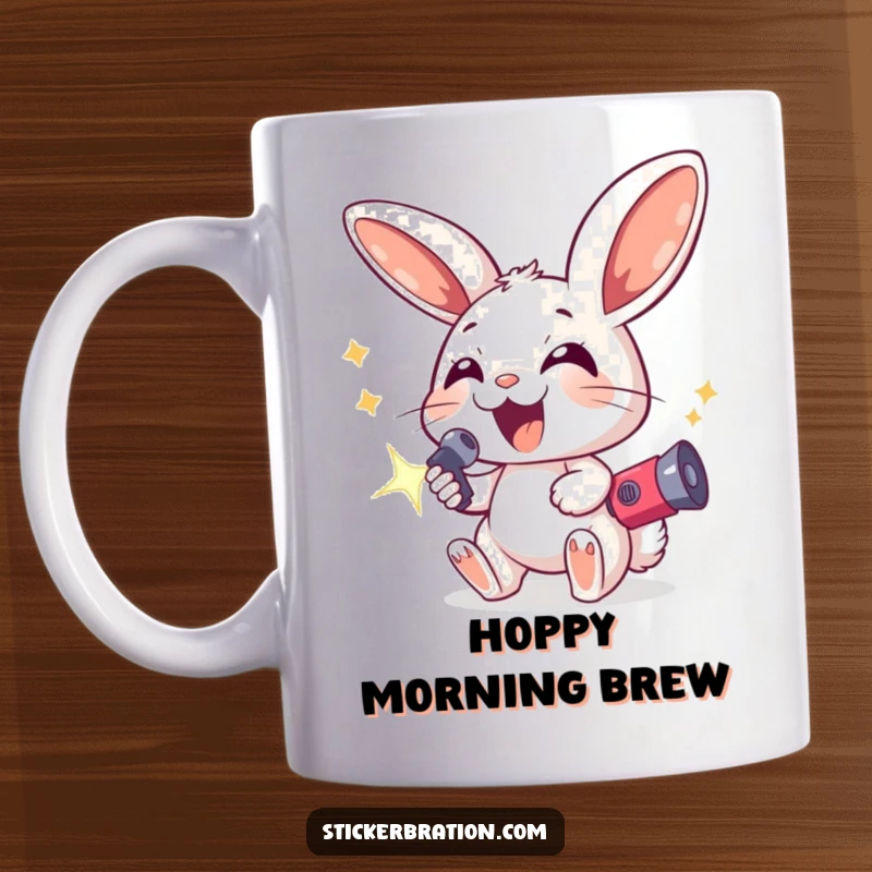 Funny mug showing an excited bunny with large ears, holding a sparkling noisemaker, embodying pure festive energy and excitement.
