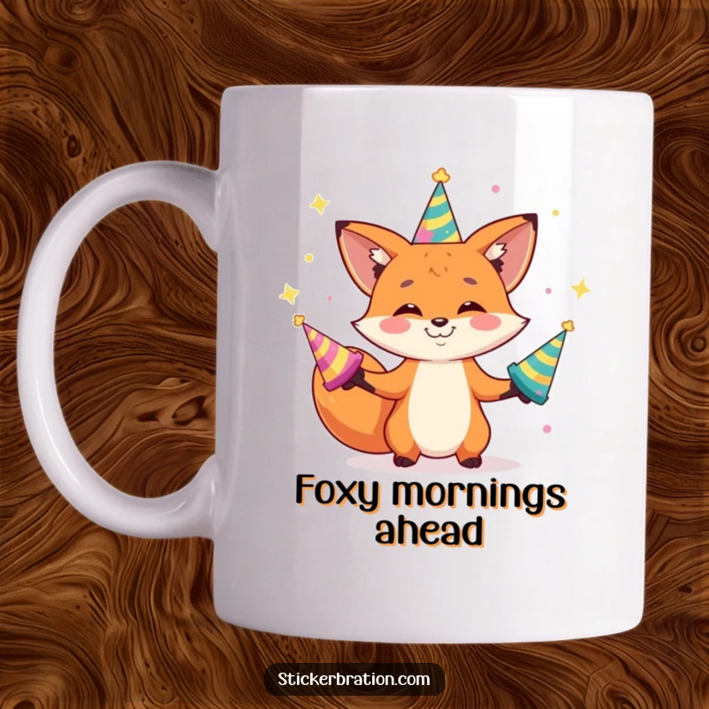 Funny mug featuring a playful fox character with a wide grin, skillfully juggling shiny party hats with expert flair.