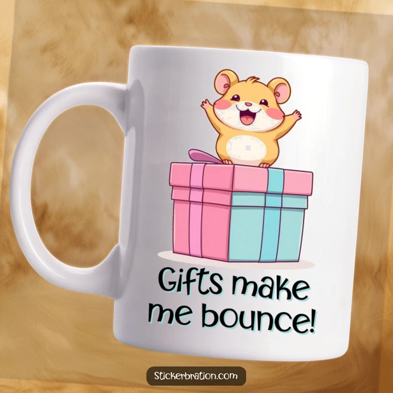 Funny mug showing an ecstatic hamster gleefully bouncing on top of a huge, unopened gift box, radiating pure excitement.