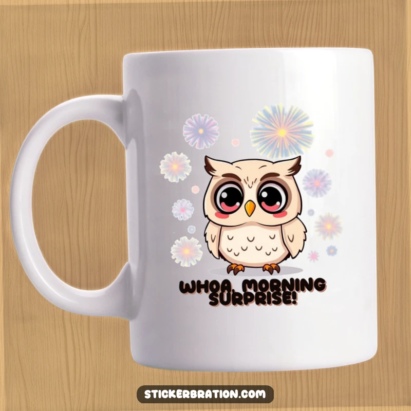 Funny owl mug featuring a surprised character with wide, astonished eyes gazing upwards at a spectacular firework display, capturing awe.
