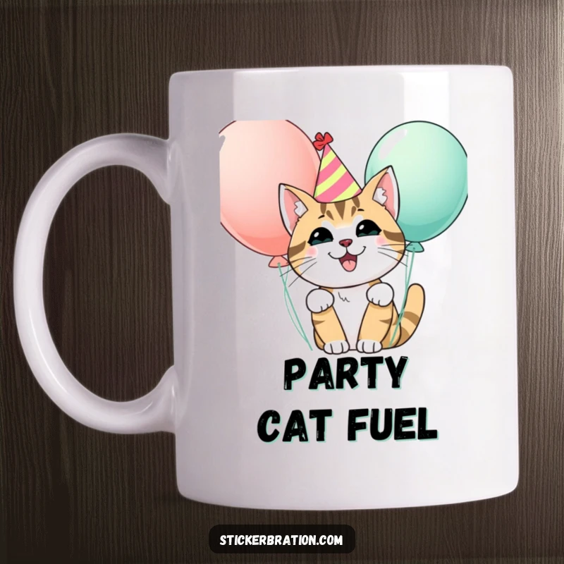 Funny mug showcasing a happy cat wearing a party hat, playfully peeking from behind colorful balloons, embodying pure party excitement.