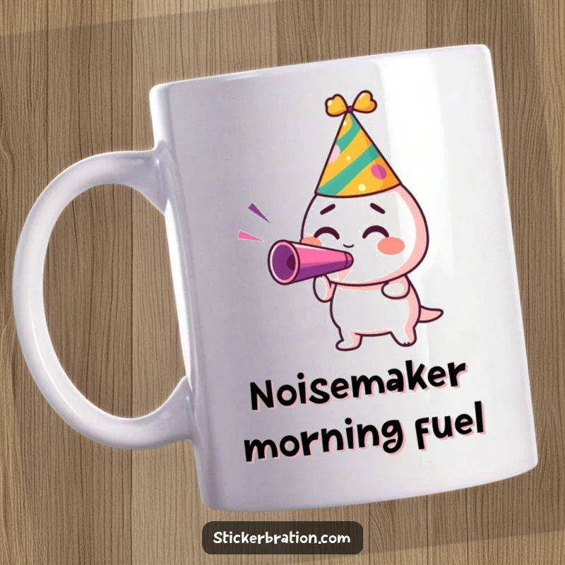 Funny mug with a character in a party hat, blowing a noisemaker with immense excitement, perfect for festive cheer.