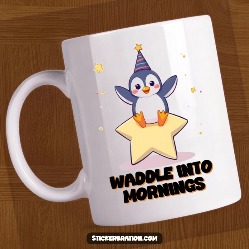 Funny mug featuring a happy penguin character performing a joyous celebratory dance atop a large, radiant star.