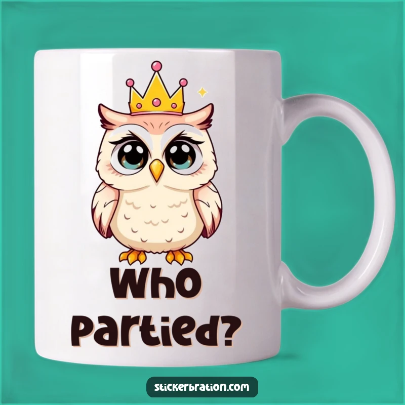 Funny Shocked Owl Mug: Party Crown Surprise, Hilarious Gift for Party Animals