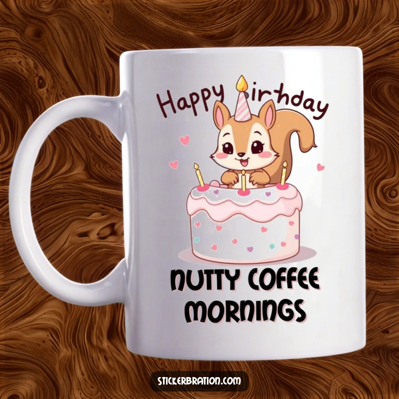 Funny mug depicting a mischievous squirrel character peeking out from a delicious-looking birthday cake, full of playful energy.