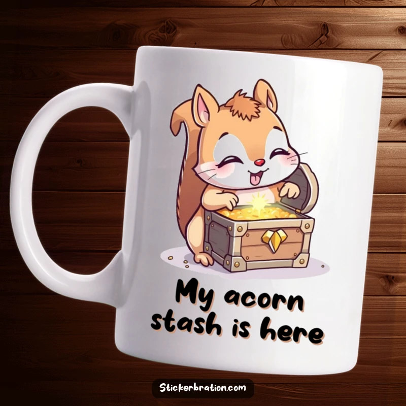 Funny Squirrels Treasure Mug: A curious squirrel joyfully finds a sparkling treasure chest, perfect for morning coffee or tea.