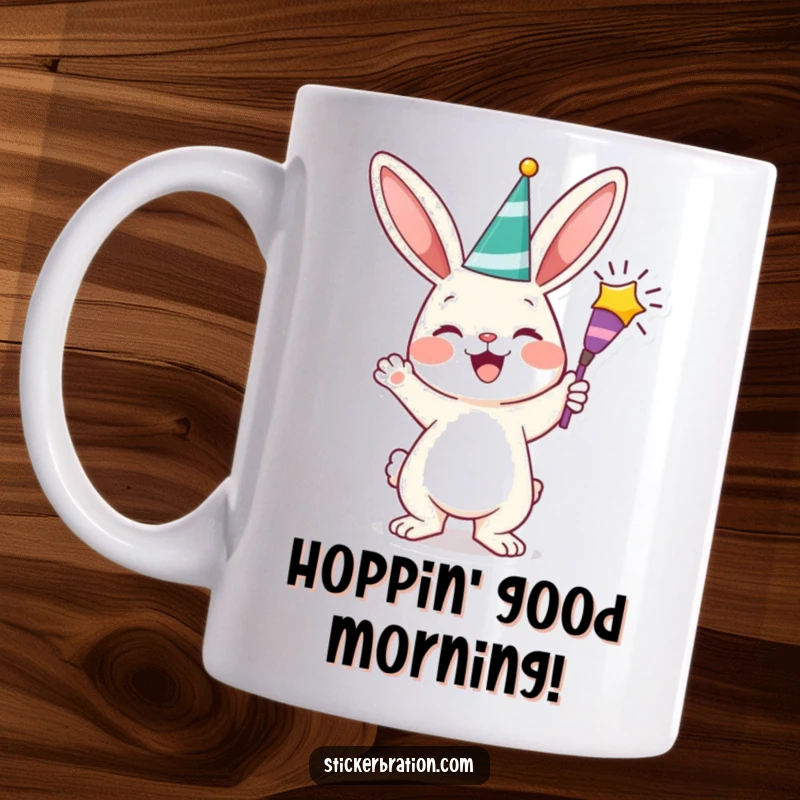 Funny party bunny mug featuring a cheerful character joyfully popping a confetti popper, ready to celebrate life's moments with humor.