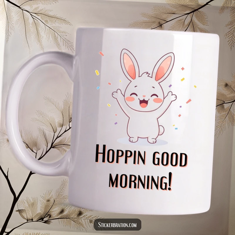 Funny mug featuring a delighted bunny character cheering amidst a delightful shower of colorful confetti, radiating pure joy and party vibes.