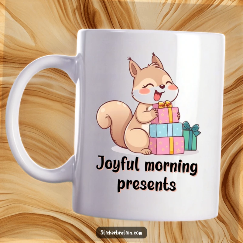 Funny mug showing a happy, giggling squirrel triumphantly holding a tall stack of colorful wrapped gifts, radiating delight.
