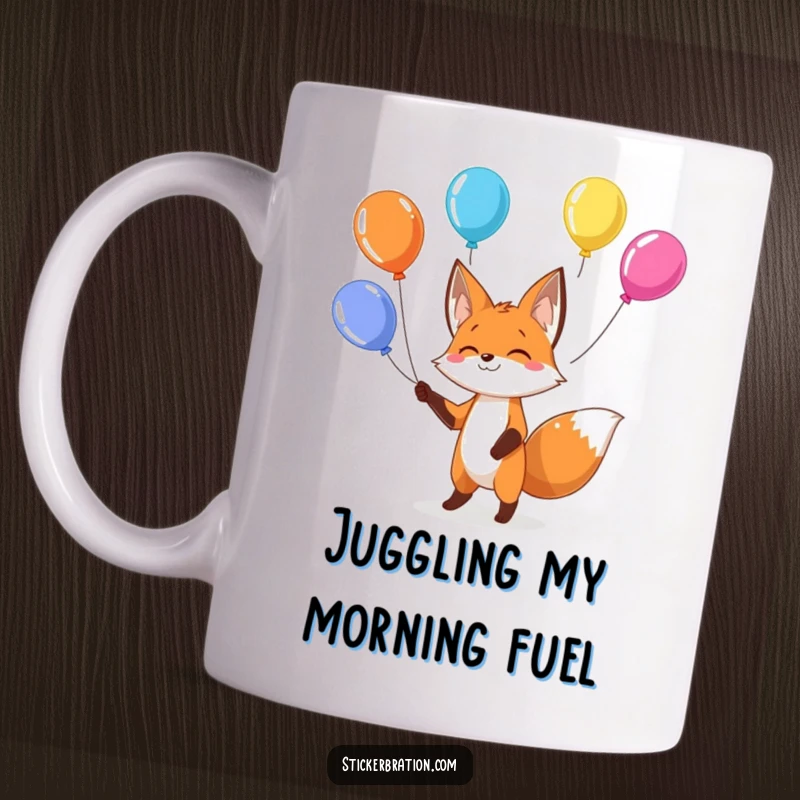 Funny fox mug featuring a playful character effortlessly juggling colorful balloons, conveying skill and fun.